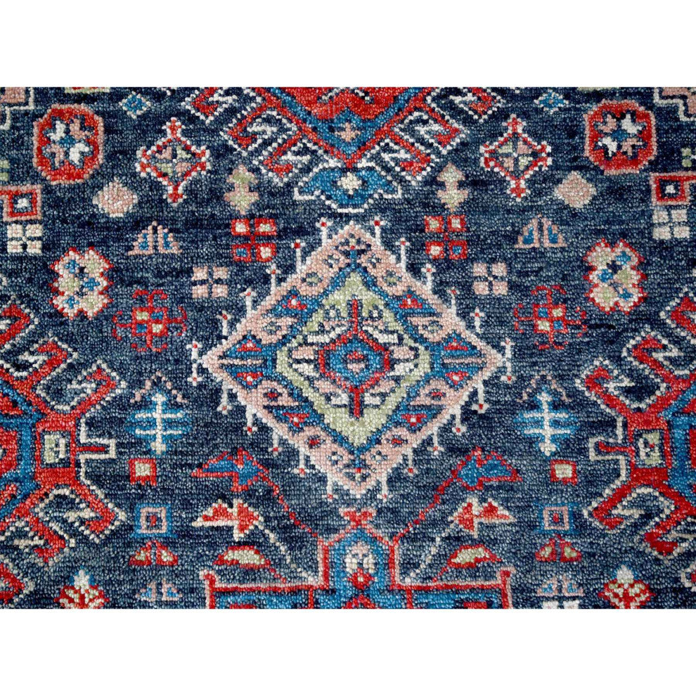 Charcoal Black Geometric Design Pure Wool Hand Knotted Oversized Rug 12'x14'10"