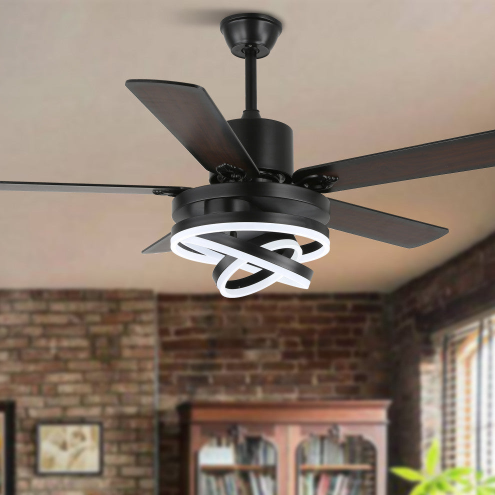 52" Modern Ceiling Fan with Dimmable Light and Remote Control, 6-Speed, Black, 52