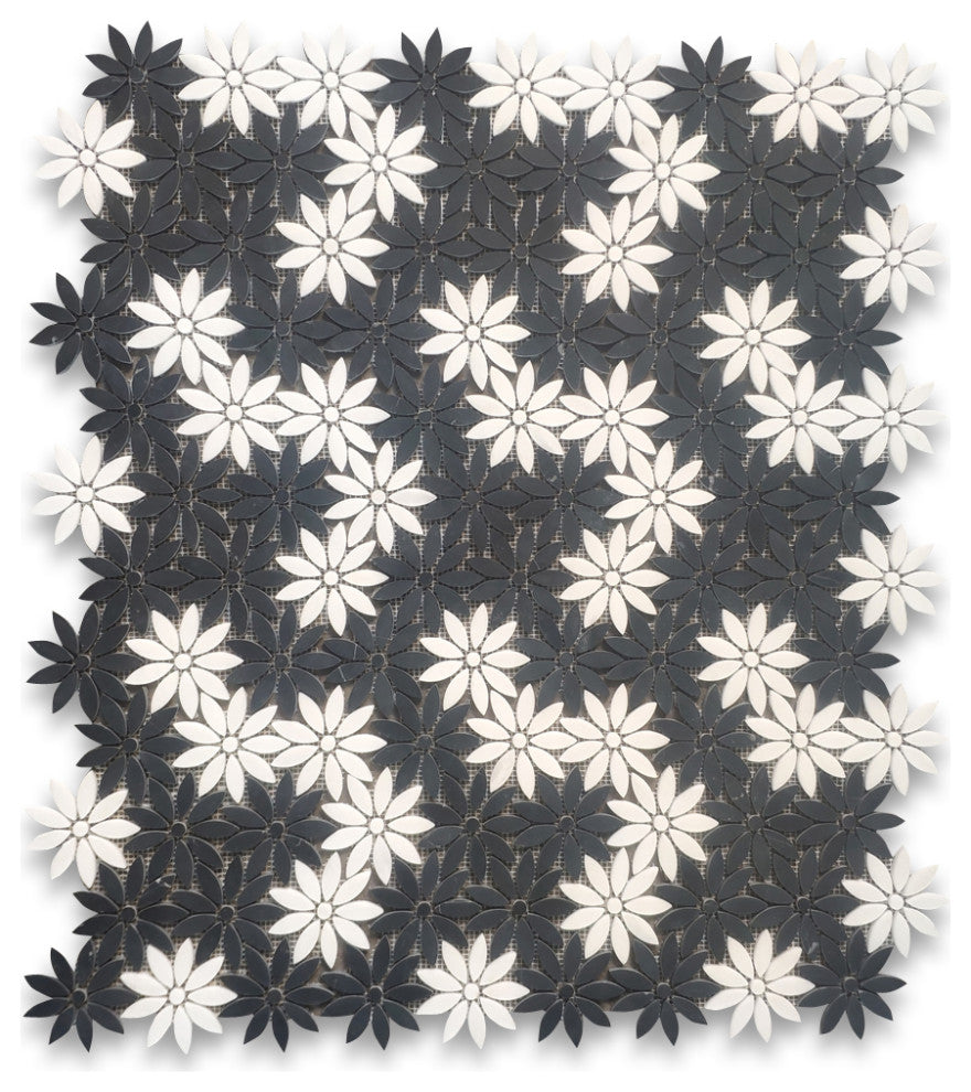Nero Marquina Black Thassos White Marble Flower Waterjet Mosaic Tile, 1 sheet