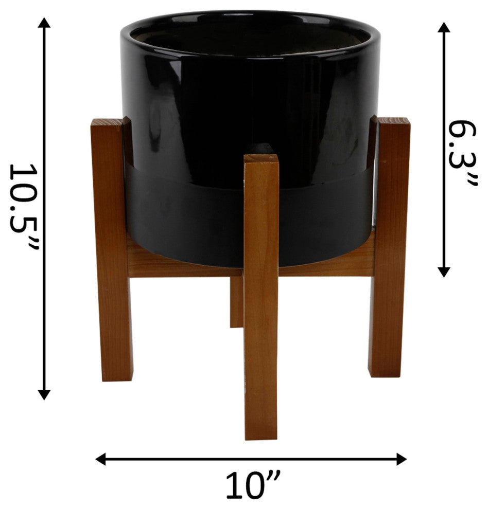 8" Large 2Tone Pot On Wood Stand, Black