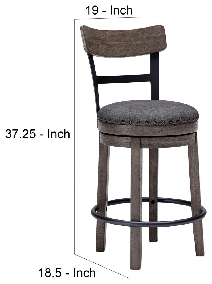 Benzara BM248092 Swivel Barstool With Nailhead Trim and Curved Panel Back, Gray