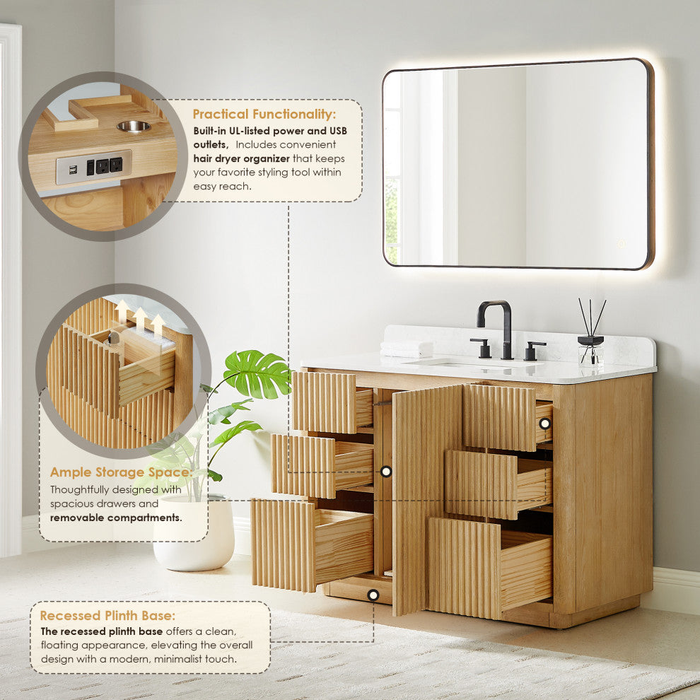 Clayton Bathroom Vanity, Washed Light Brown, 48", No Mirror