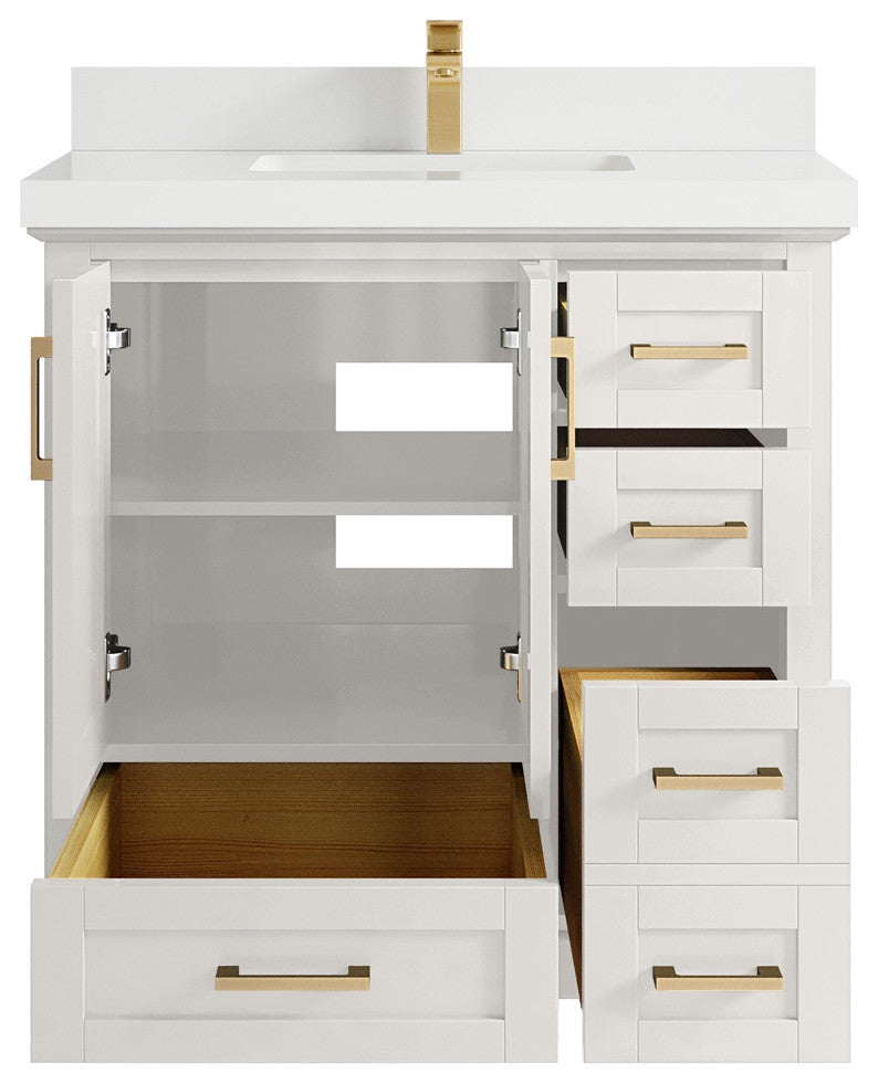 Boston 36" Center Sink Bath Vanity in Alabaster 2" White Quartz