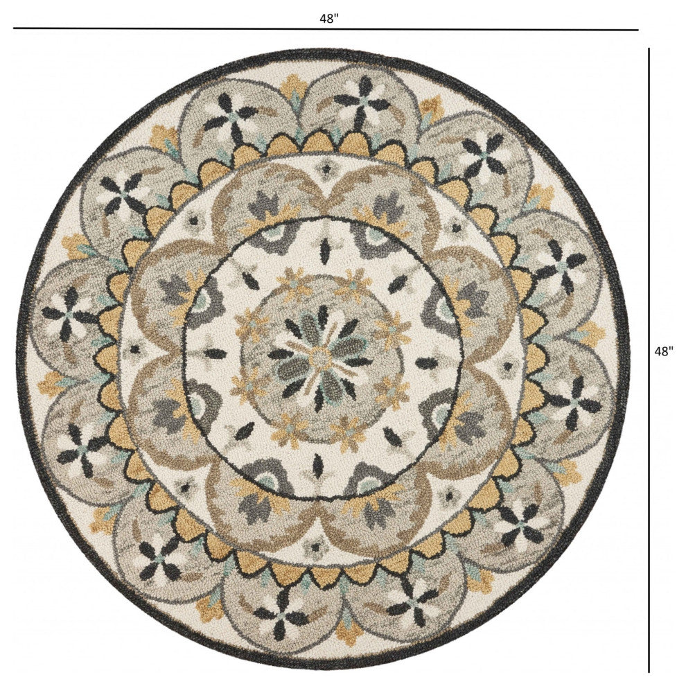 4' Round Gray And Ivory Floral Bloom Area Rug