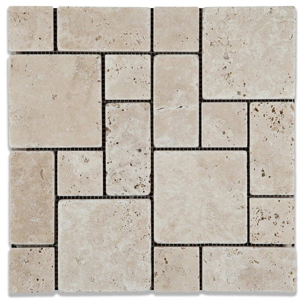 Ivory Travertine 3-Pieced Mini-Pattern Tumbled Mosaic Tile