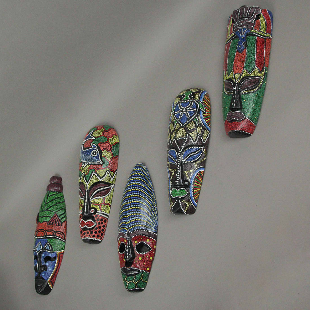 Set of 10 Hand Carved Tropical Dot Painted Tribal Masks 12 Inch Wall Decor