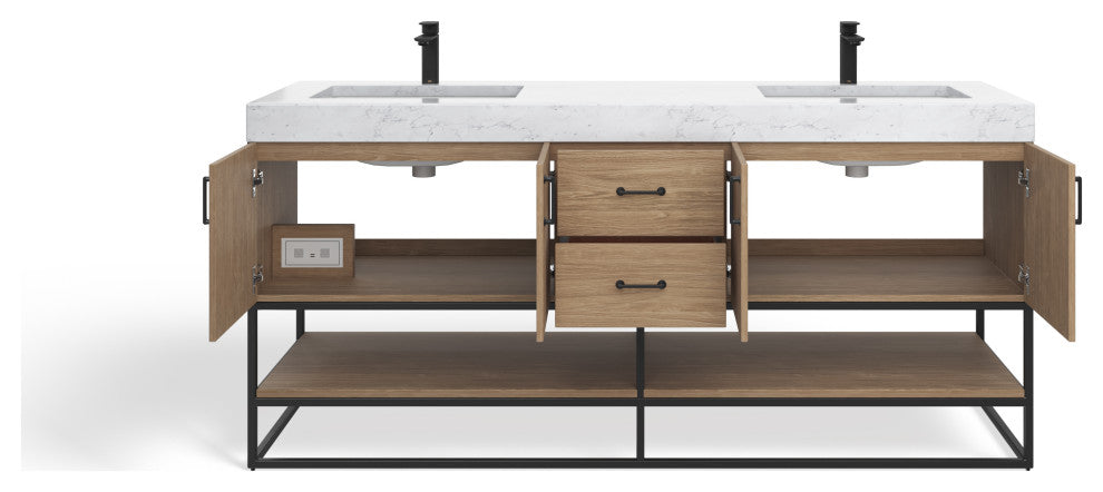 Bahia Bath Vanity, Oak, 72", Matte Black Hardware, Double, Freestanding