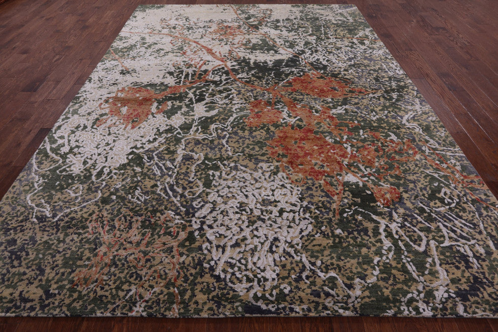 Hand-Knotted Wool and Silk Abstract Rug 8' 11" X 11' 8" Q7078