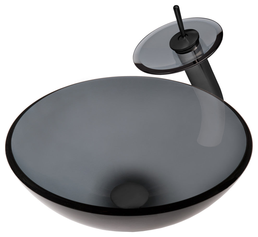 Nera Round Clear Slate Grey Glass Vessel Bath Sink Combo with Faucet and Drain, Matte Black