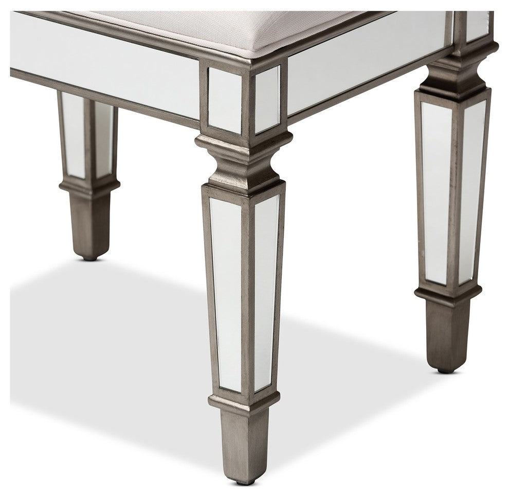 Marielle Hollywood Regency Glamour Style Fabric Mirrored Ottoman Vanity Bench