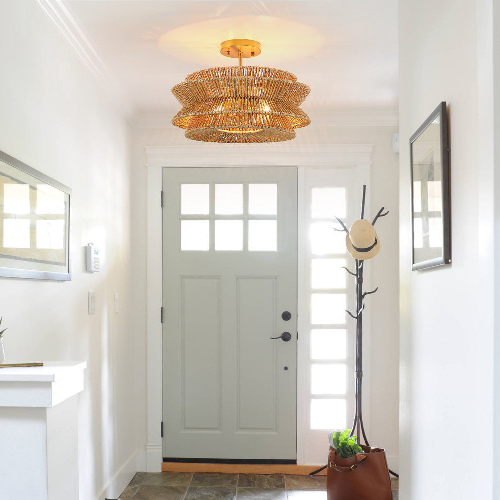 16" 2-Light Bohemian Woven Rope Semi-Flush Mount Ceiling Light