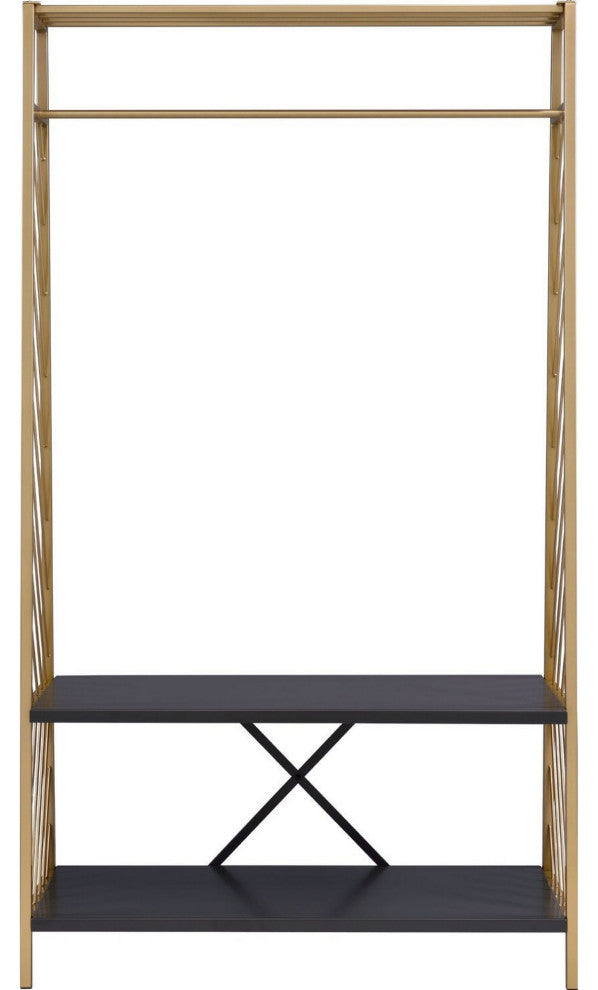 Benzara BM250293 Hall Tree With 2 Shelves andxBar Panels, Gold and Black