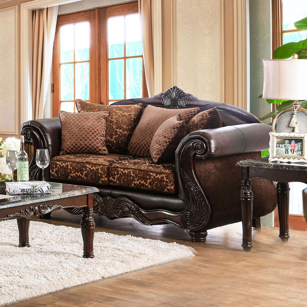 Chenille Loveseat with Intricate Wood Trim Design, Brown