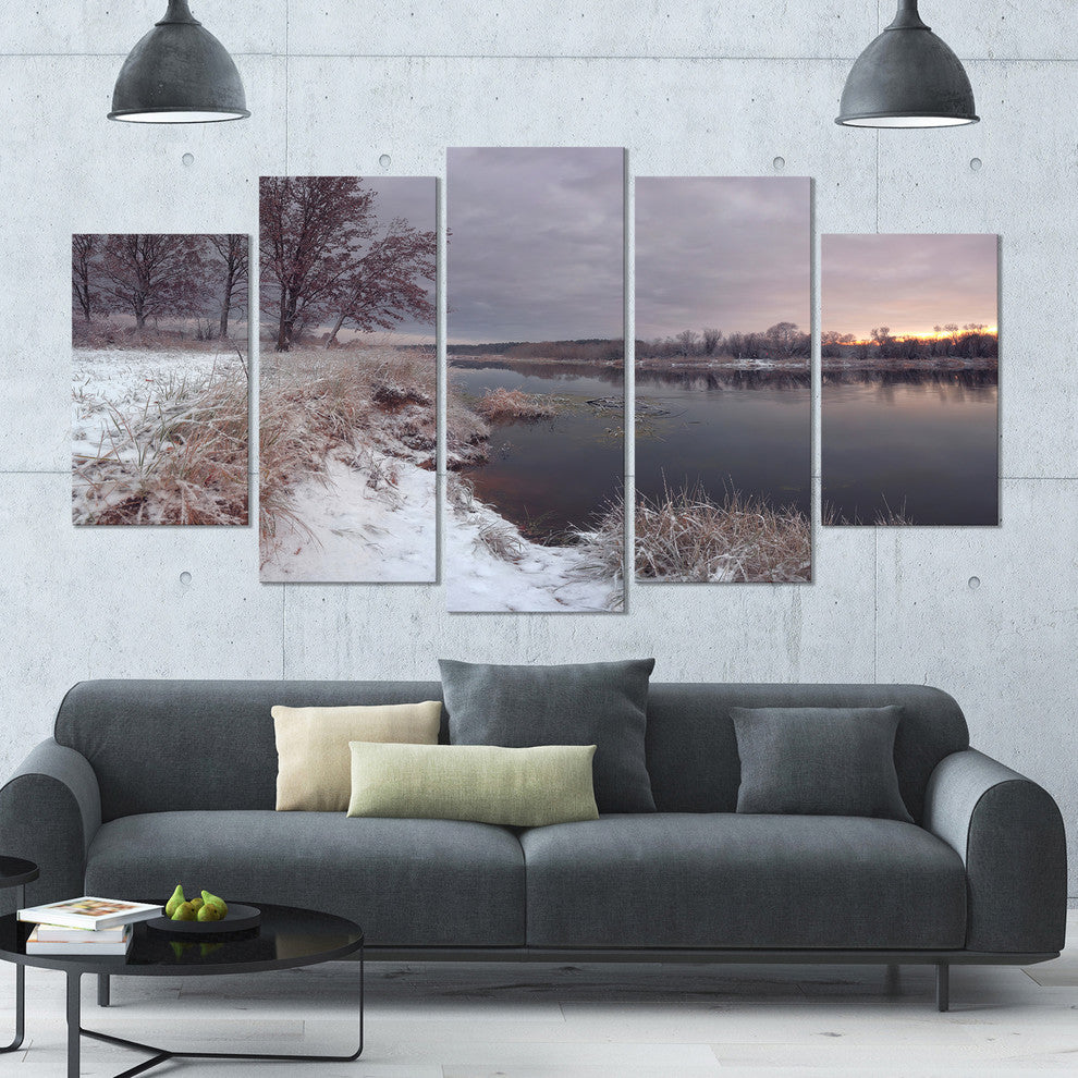 Winter River in Dark Morning, Seashore Wall Art on Canvas, 60"x32", 5 Panels