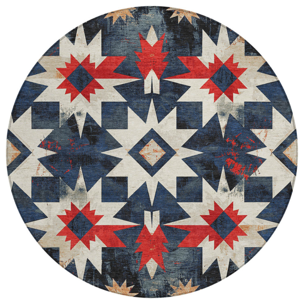 Machine Washable Indoor/Outdoor Chantille ACN1893 Navy 8' x 8' Round Rug