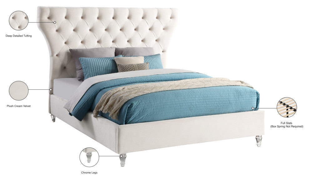 Kira Velvet Upholstered Bed, Cream, Queen