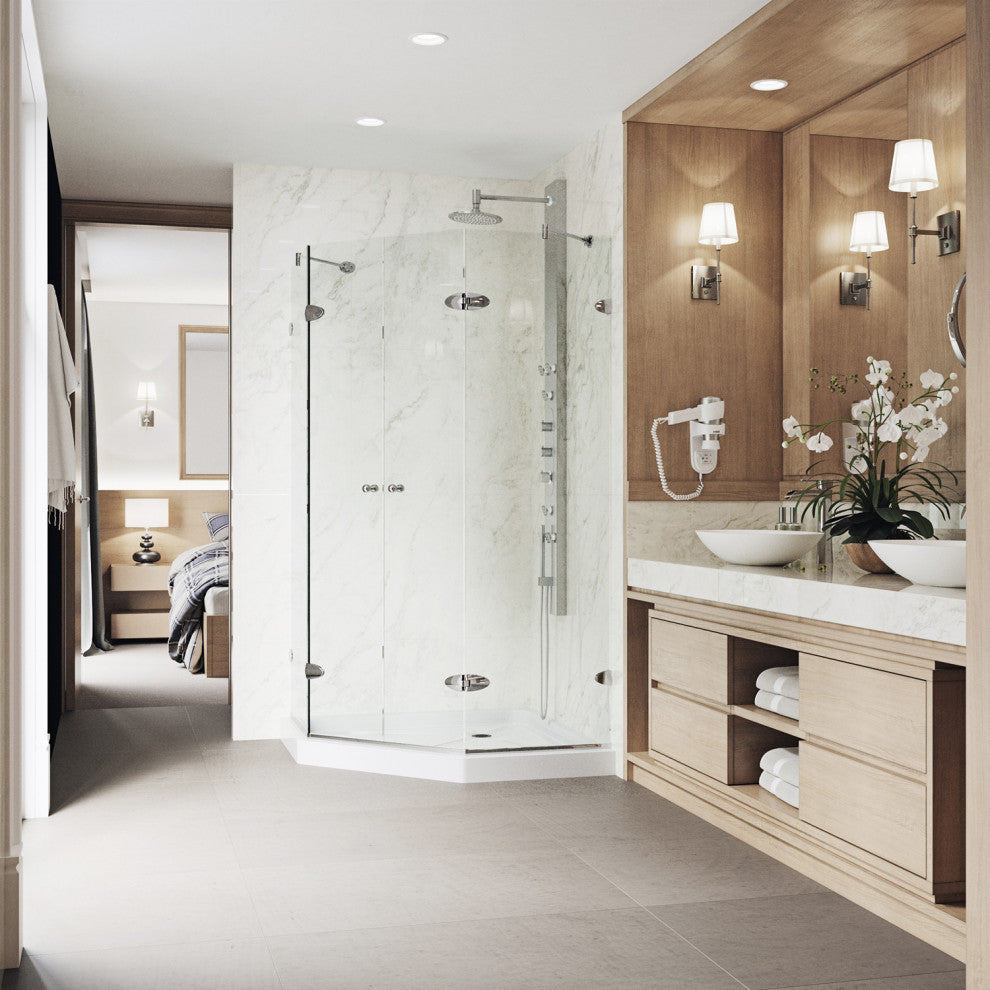 VIGO Gemini Frameless Hinged Neo-Angle Shower Enclosure, Chrome, 42" D X 42" W, Low Base