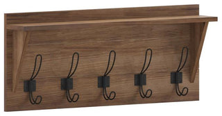 Daly Wall Mounted Solid Pine Wood Storage Rack With Upper Shelf and 5 Hooks, Weathered Brown