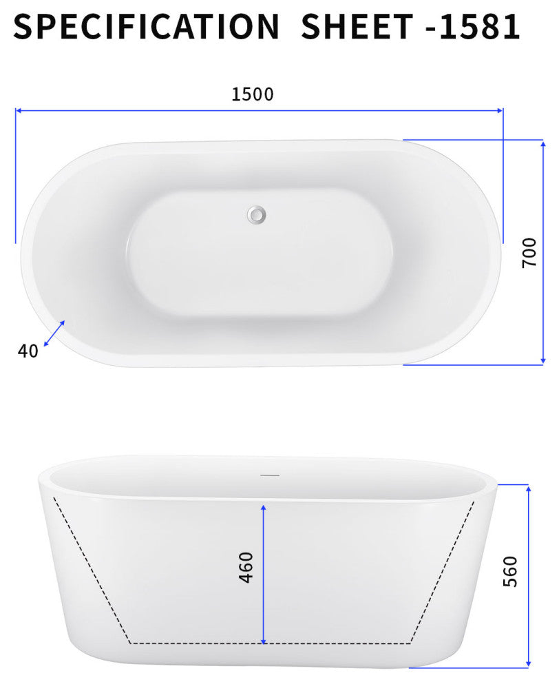 59" Acrylic Roll-Top Flatbottom Non-Whirlpool Bathtub, White