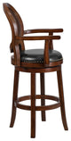 30" High Expresso Wood Barstool With Arms and Black Leather Swivel Seat
