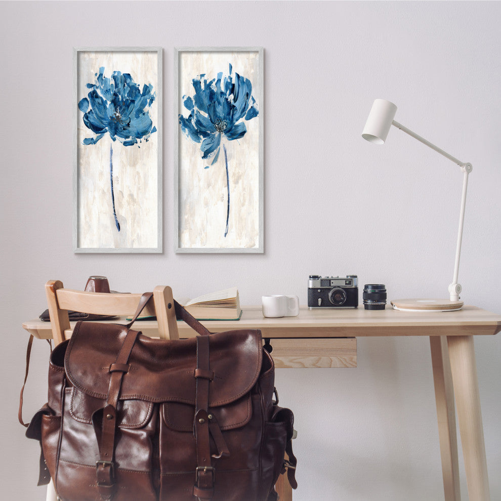 Vivid Blue Abstract Flowers Rustic Florals Neutral Beige,10 x 24