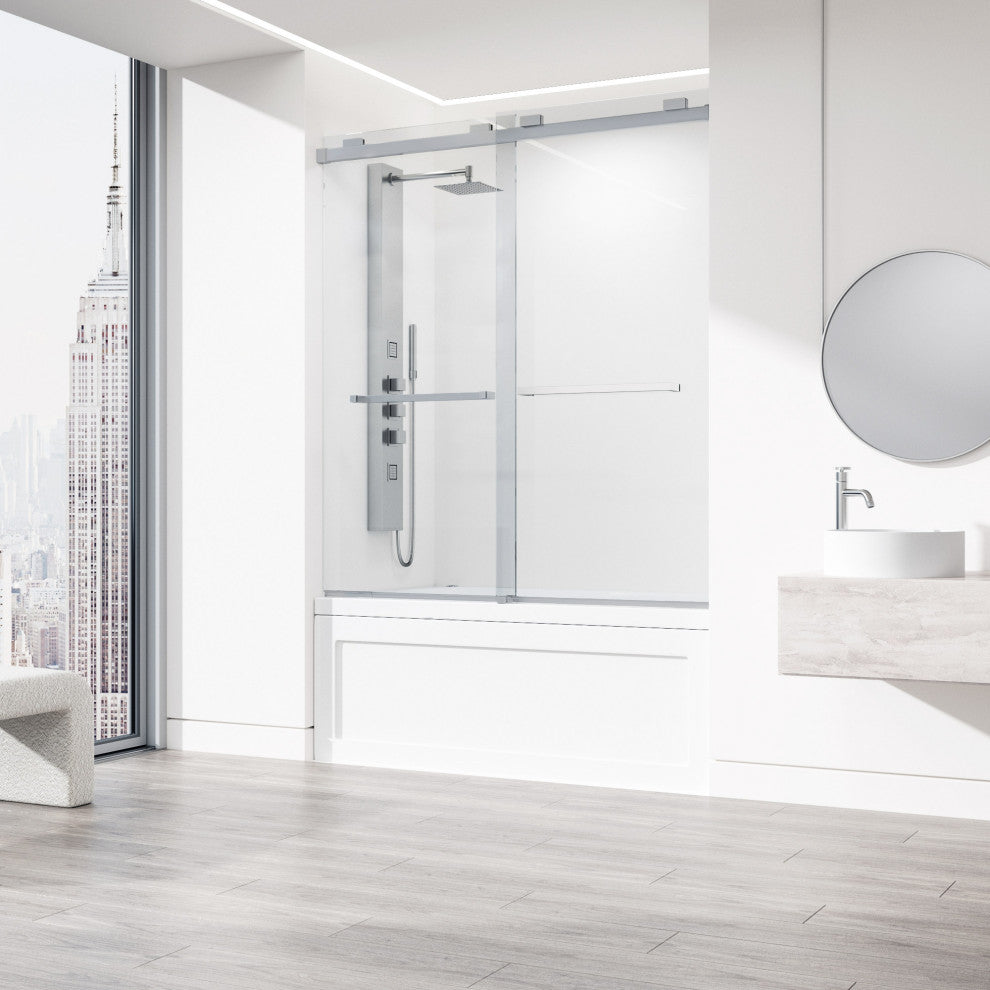 VIGO Houston Frameless Sliding, V-Motion, Stainless Steel, Tub Door, 56" to 60" W X 66" H, Clear Glass