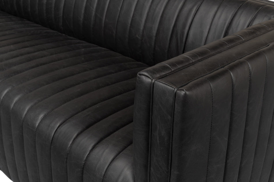 Everett Sofa Modern Channel Tufted Black Leather Couch