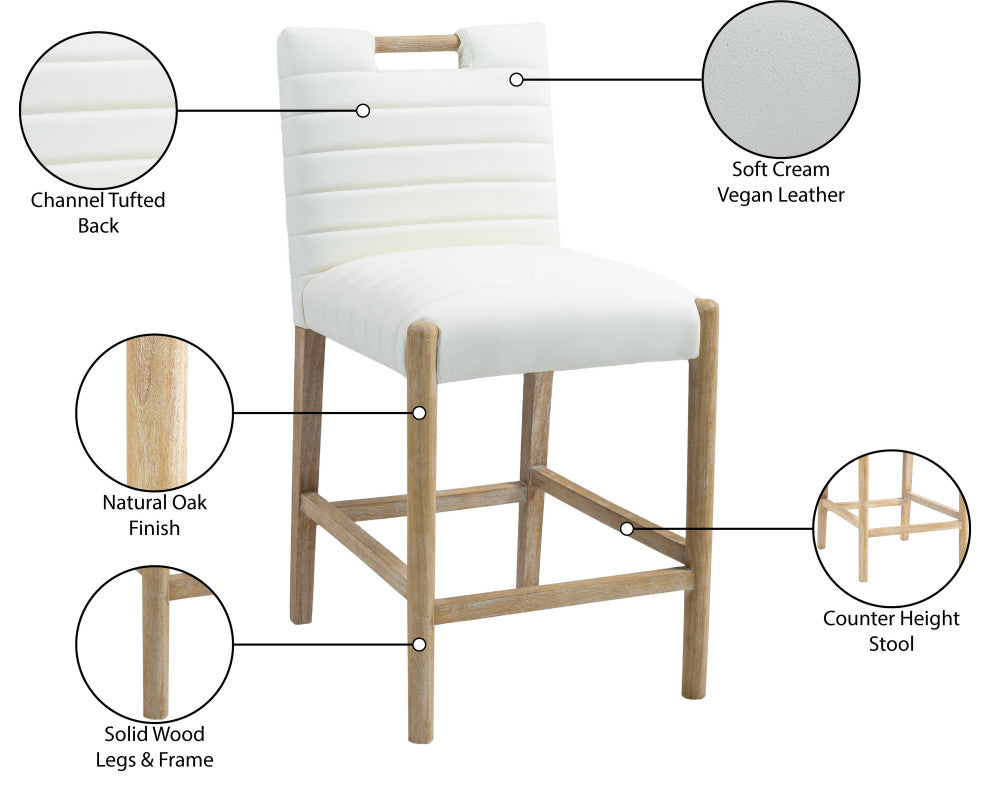 Aimee Upholstered Counter Stool, Cream, Vegan Leather, Natural Oak Finish