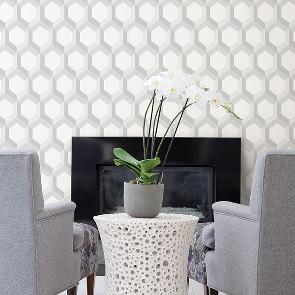 Honeycomb Hexagonal Geometric 3D Wallpaper, Gray & White, Bolt