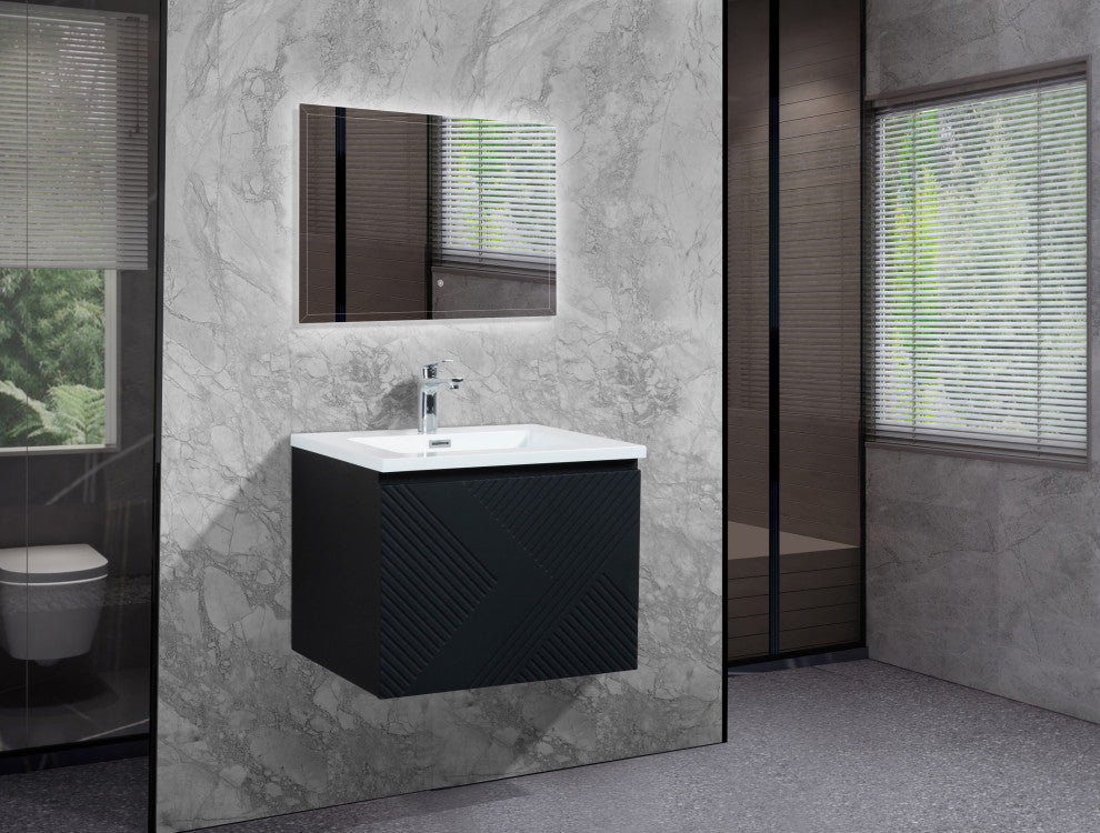Matte Black Wall Mount Bath Vanity, Integrated Sink, White Sink, 30"