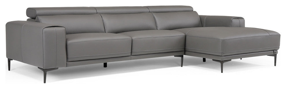 Rousso Slate Leather Sectional With Ratcheting Headrests, Right Chaise