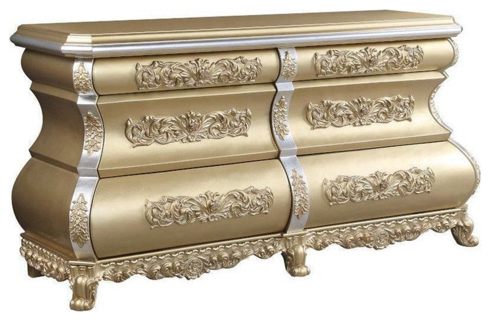 Benzara BM268996 Server With 6 Drawers and Ornate Engraving, Gold