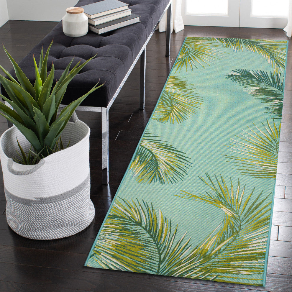 Marina Palm Border Indoor/Outdoor Rug, Aqua, 1'11"x7'6" Runner