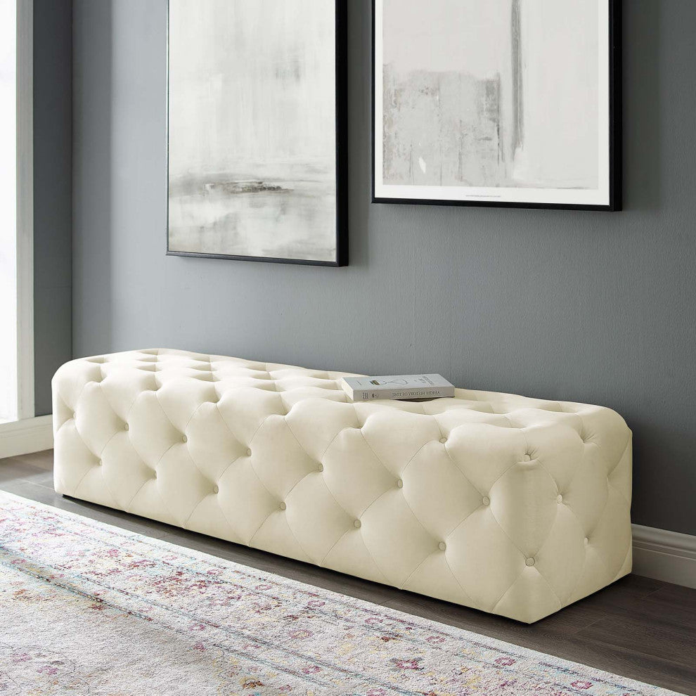 Tufted Accent Chair Bench, Velvet, Ivory White, Modern, Lounge Hospitality