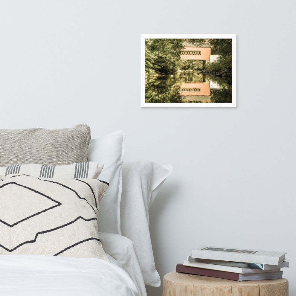 The Reflections of Wooddale Covered Bridge Aged Framed Photo Wall Art Print, White, 12" X 16"