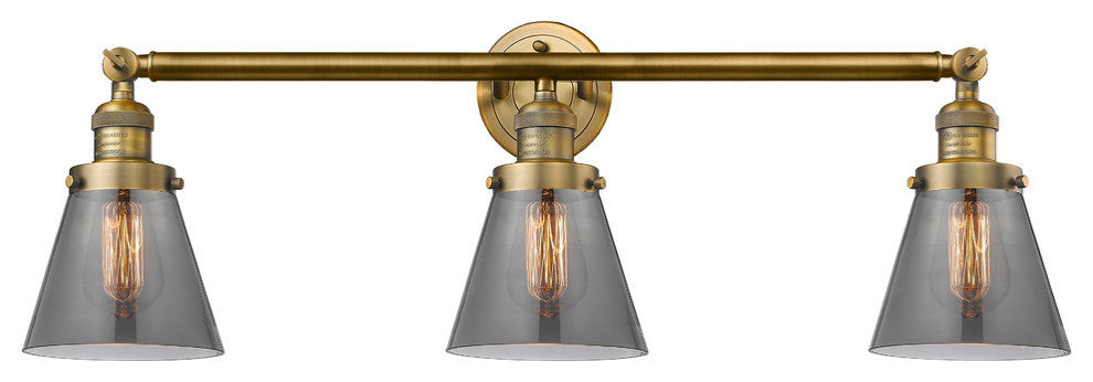 Small Cone 3-Light Bath Fixture, Smoked Glass, Brushed Brass