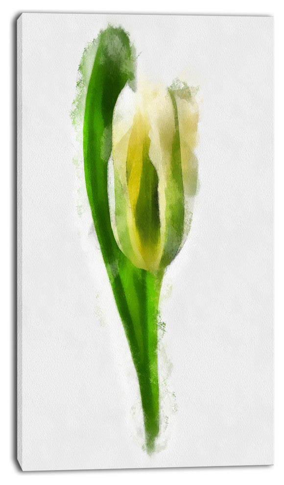 White Tulip with Green Leaves, Large Floral Canvas Artwork, 16"x32"