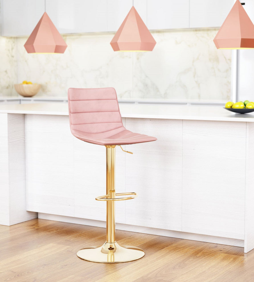 Bar Stool Chair Barstool, Steel Metal, Fabric, Pink, Gold, Kitchen Cafe Bistro