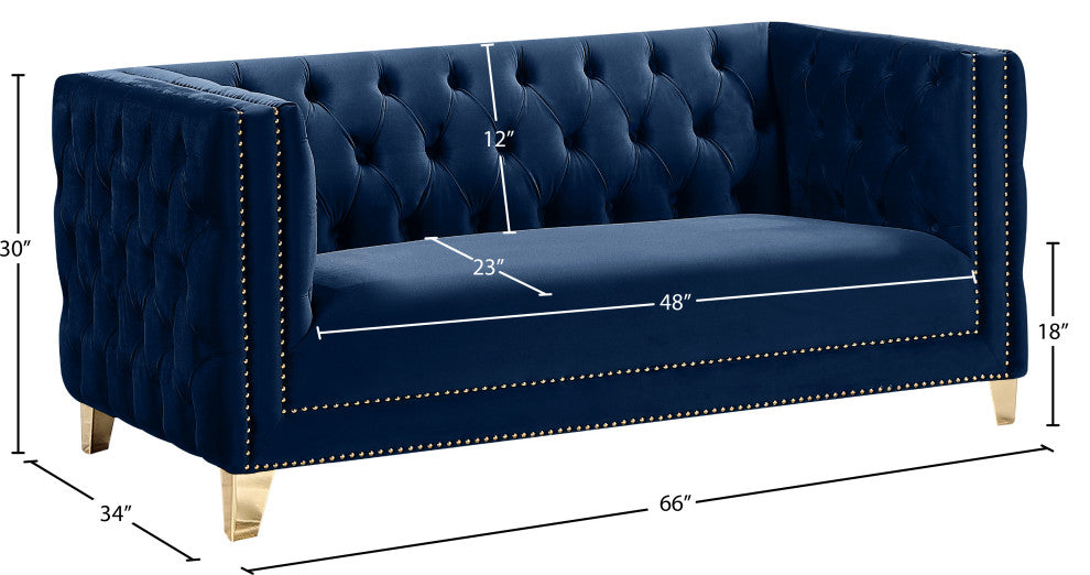 Michelle Fabric Upholstered Chair, Gold Iron Legs, Navy, Velvet, Loveseat