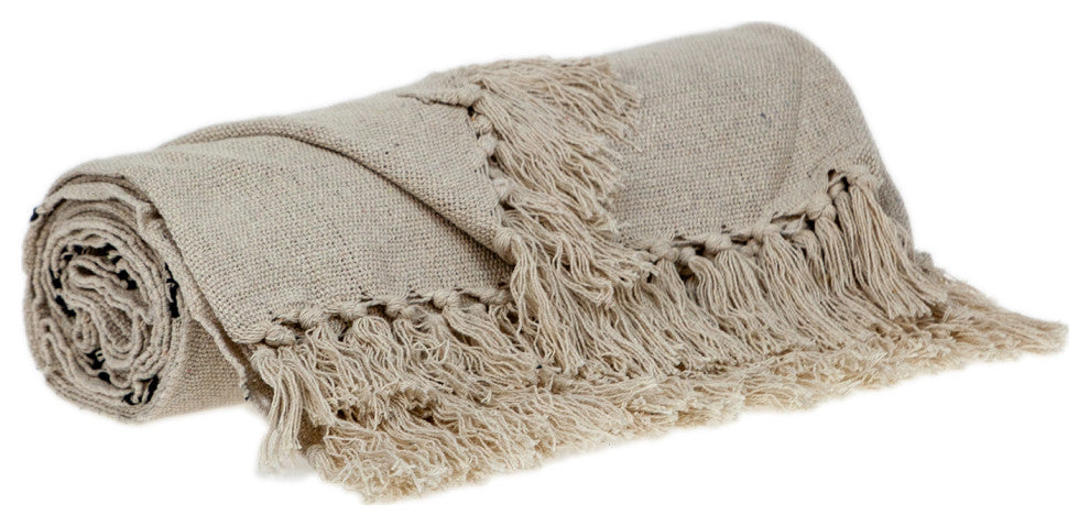 Classic Beige Woven Handloom Throw Blanket With Tassels