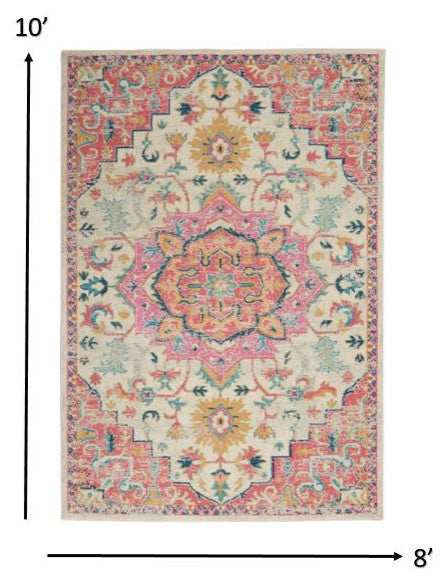 8" x 10" Ivory and Pink Medallion Area Rug