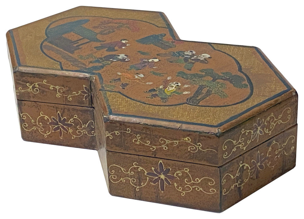 Chinese Distressed Brown People Graphic Rectangular Decagon Shape Box Hws2348