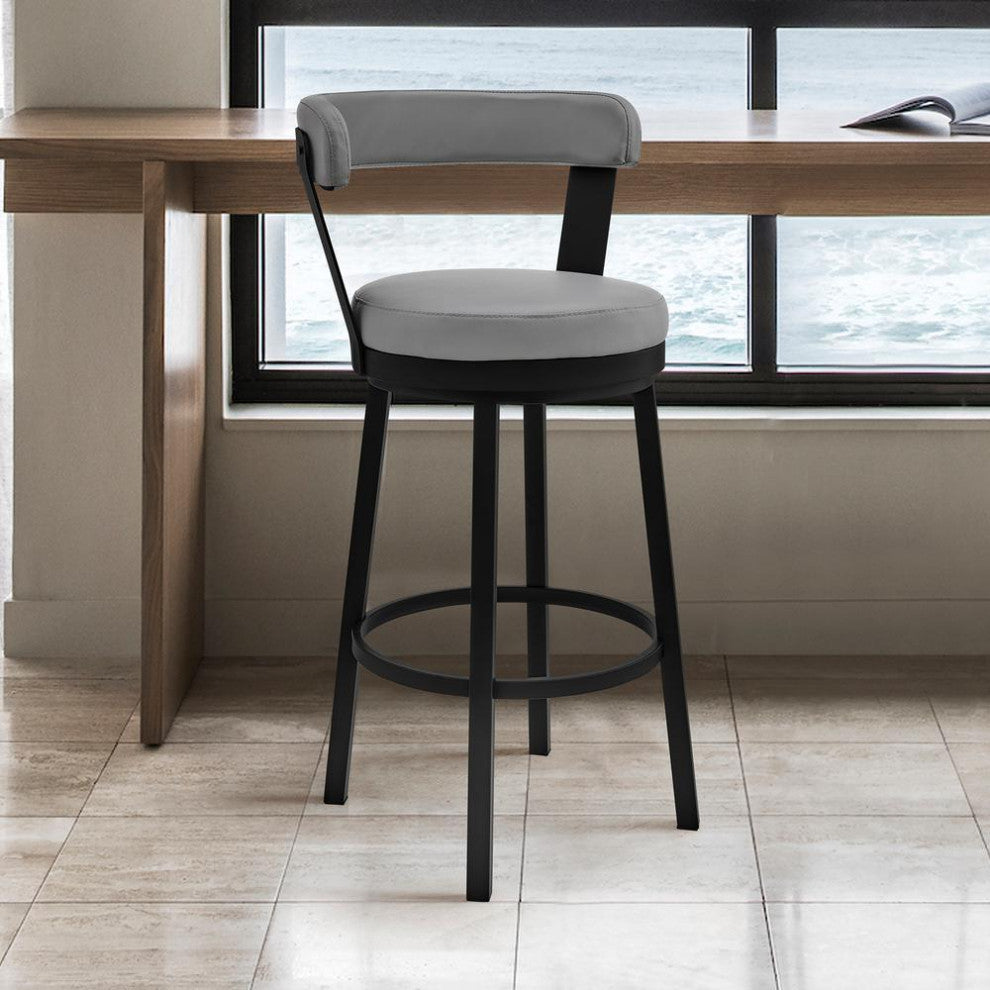 Bryant 26 Counter Height Swivel Bar Stool in Black Finish and Gray Faux Leather