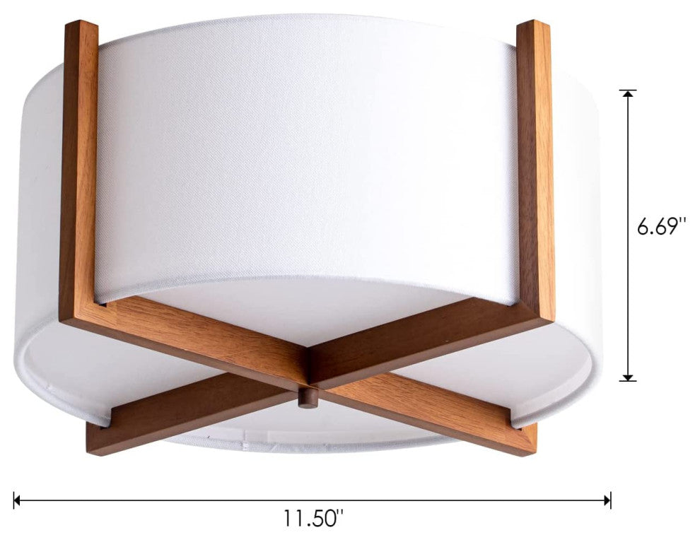 Wood Semi Flush Mount Ceiling Light Fixture, Off White Fabric Shade