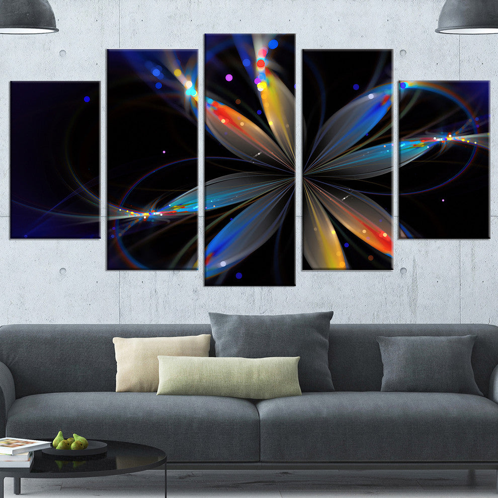 Abstract Fractal Flower on Black, Black, Floral Canvas Print, 60"x32", 5 Panels