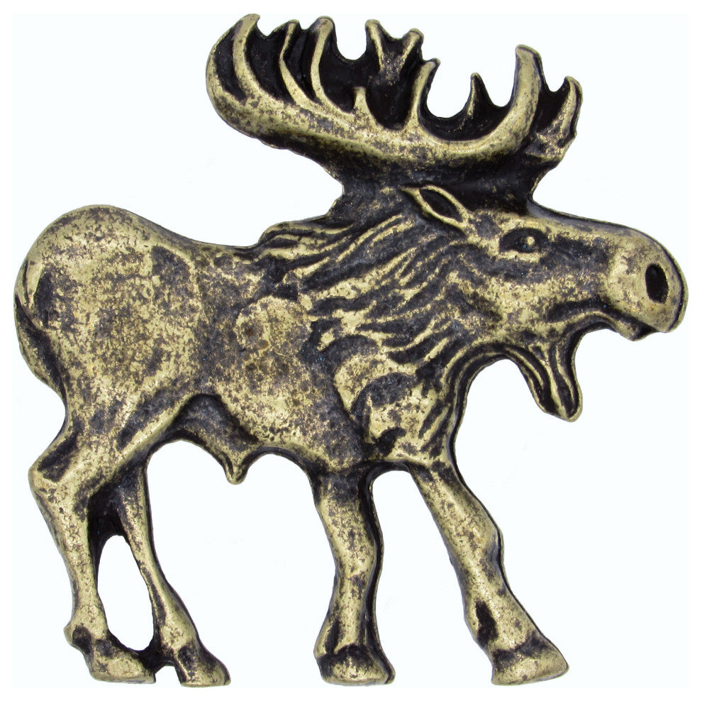 Walking Moose Right Facing Cabinet Knob, Antique Brass