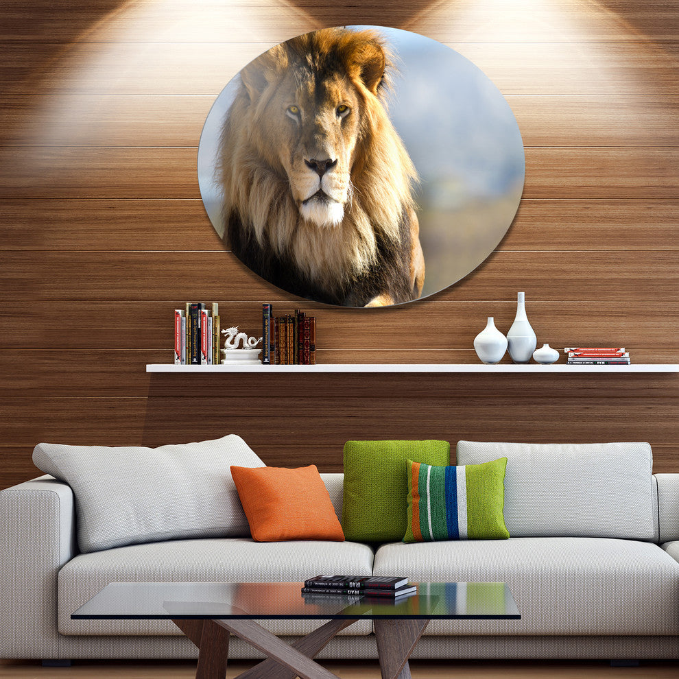 Fierce Face Of King Of The Wild, African Round Metal Wall Art, 36"