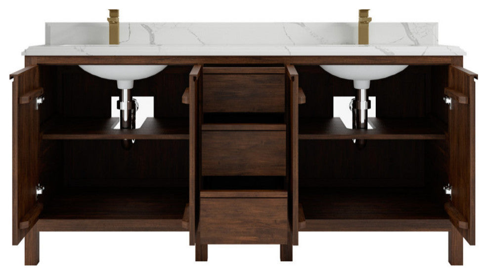 Elizabeth 72 Double Sink Bath Vanity in Dark Walnut Teak 1.5" Calacatta Laza