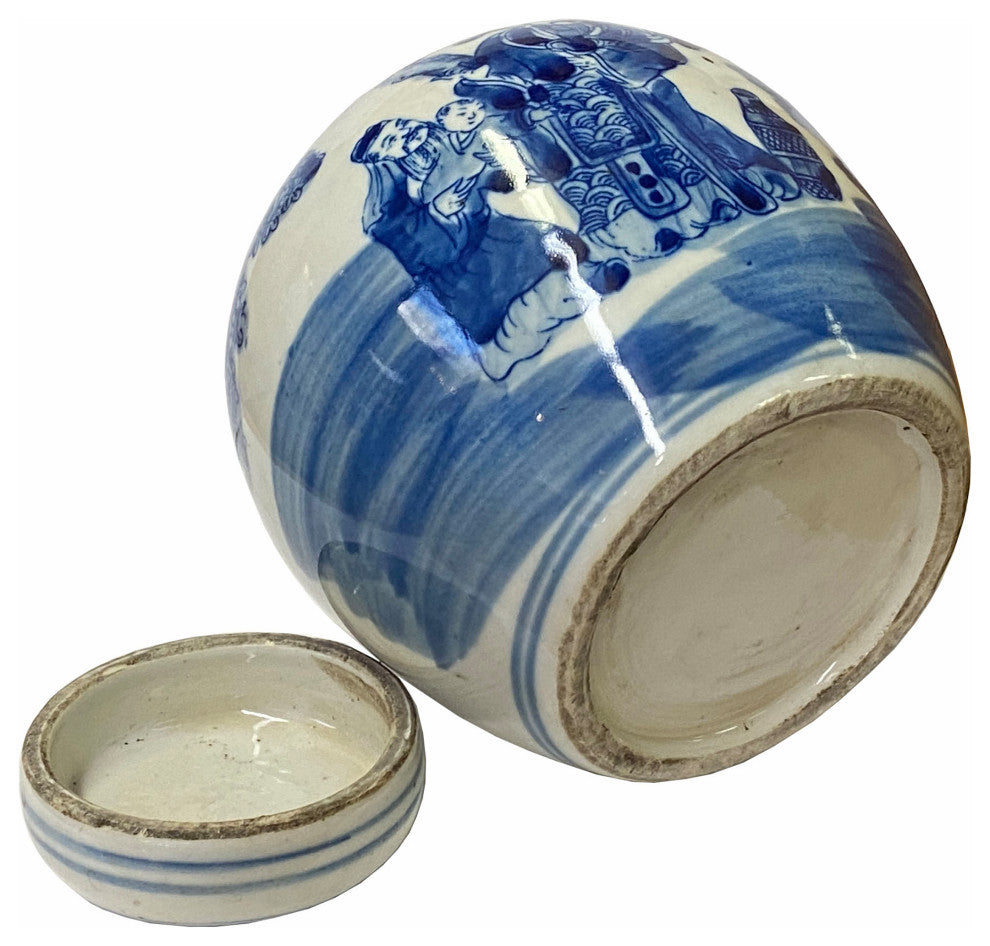 Chinese Oriental Small Blue White Porcelain 3 Gods Theme Ginger Jar Hws1860