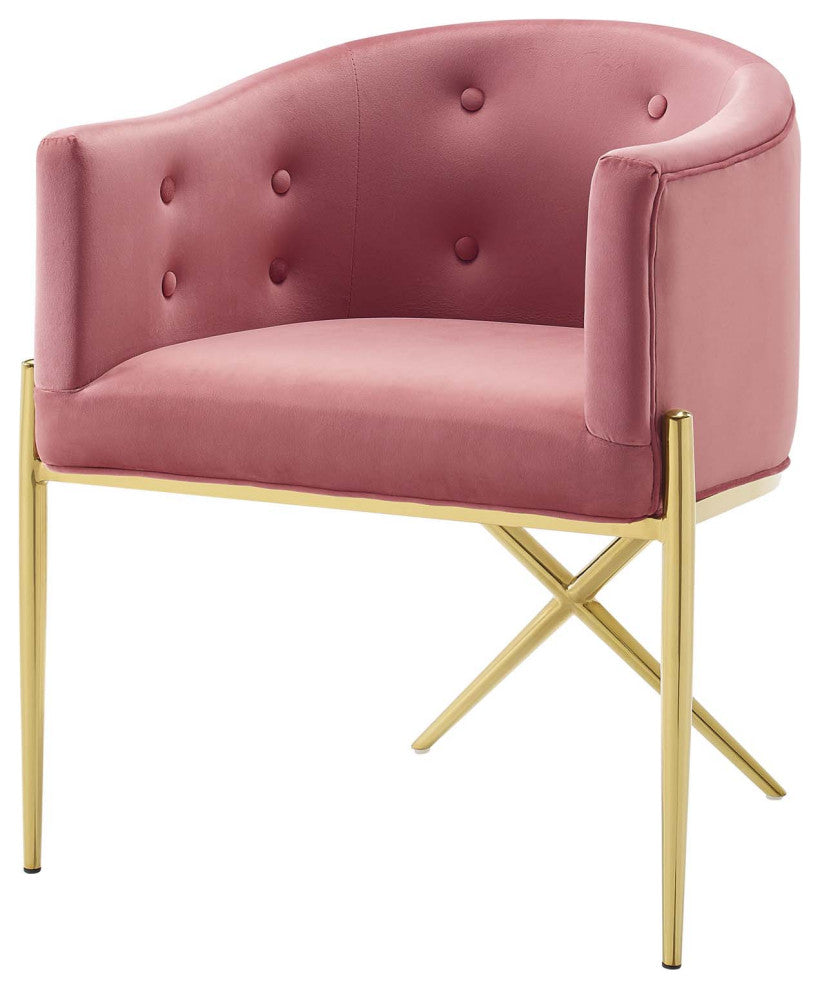 Tufted Side Dining Chair, Velvet, Metal, Pink, Modern, Cafe Bistro Restaurant
